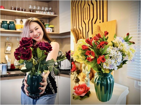 Mỹ nhân showbiz Việt được chồng hứa tặng hoa tươi mỗi tuần cho đến khi 70 tuổi, cắm nhiều bình xinh rực rỡ