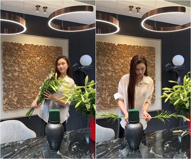 Nàng hậu thực hiện những bước đầu tiên bằng cách cắm các cành hoa nằm ngang để định vị độ rộng của bình. Những bó hoa loa kèn được lựa chọn khi còn đang ở dạng nụ xanh để đảm bảo thời gian chơi hoa kéo dài nhất.