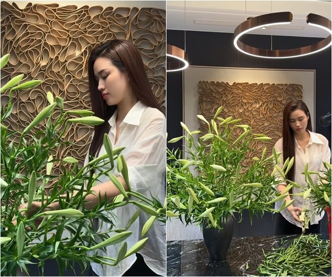 Góc nhìn nghiêng cho thấy sự tỉ mỉ của Đỗ Hà trong việc điều chỉnh khoảng cách giữa các nhành nụ. Phần lá thừa được cắt bỏ triệt để nhằm tập trung nguồn dinh dưỡng nuôi hoa và giữ cho bình hoa thanh thoát.