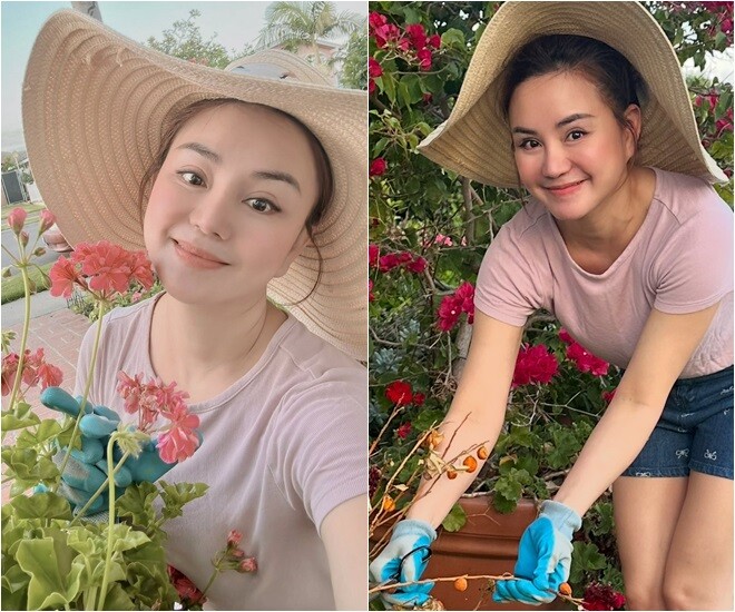 Vy Oanh hóa nông dân giản dị, chăm sóc cho vườn hoa của mình, cô bày tỏ: Mấy hôm nắng quá, mấy em hơi tơi tả… chăm lại chút chắc sẽ xinh hơn.
