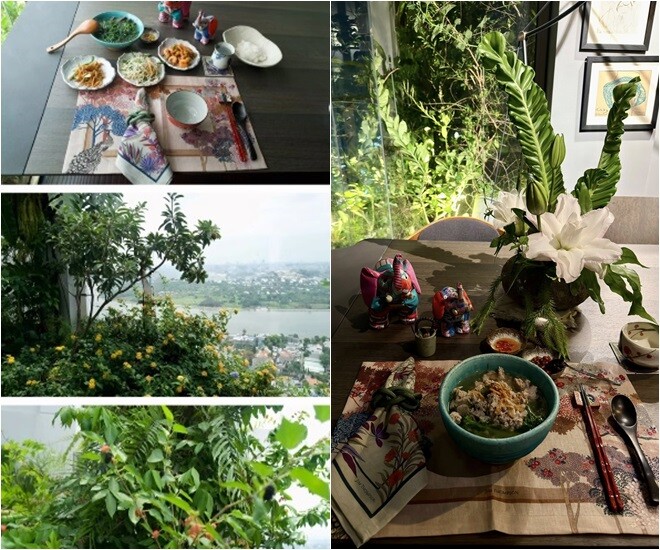 Thành quả ngọt ngào từ khu vườn được mang vào không gian sống: Bình hoa lily trắng kết hợp dương xỉ và cành khô đầy nghệ thuật đặt cạnh mâm cơm gia đình ấm cúng, mộc mạc, thể hiện rõ gu thẩm mỹ tinh tế và tài hoa của nàng Diva. Vừa ăn, gia chủ có thể vừa ngắm khu vườn đầy màu sắc và view thành phố bên dưới.