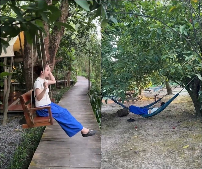 Những chiếc xích đu gỗ và võng lưới được bố trí khéo léo dưới tán cây râm mát để nghỉ ngơi. Cảnh sắc yên bình này tách biệt hoàn toàn với sự ồn ào, náo nhiệt nơi phố thị.
