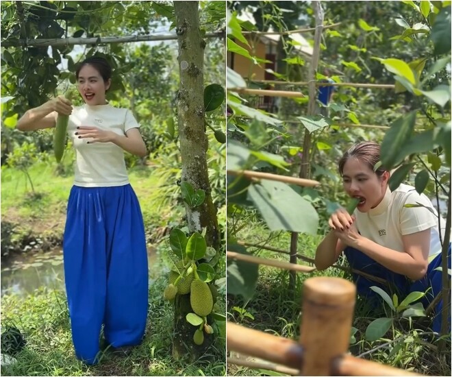 Nữ diễn viên hào hứng thu hoạch những nông sản sạch ngay trong khuôn viên nhà mình. Việc tự tay chăm sóc và hái lượm rau củ mang lại cho cô cảm giác thư thái sau những giờ làm việc căng thẳng.