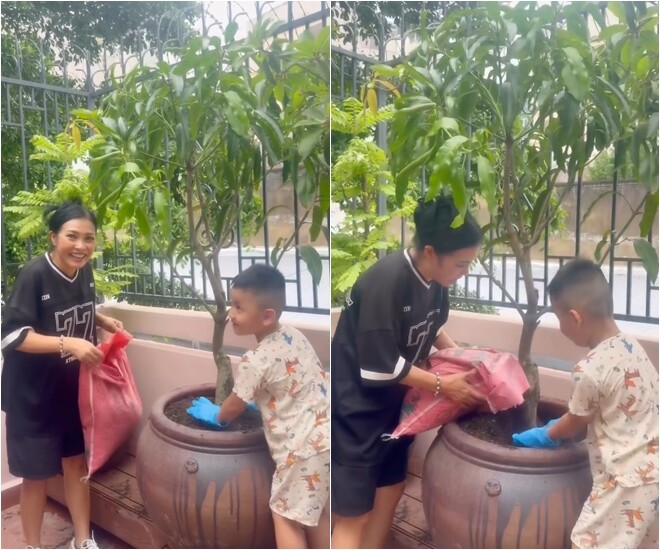 Để có được khu vườn tươi tốt này, Phương Thanh thường tranh thủ những ngày nghỉ làm để relax, tự tay vun xới đất, bón phân. Đôi khi, cô còn rủ cả cháu nhỏ cùng tham gia trải nghiệm công việc làm vườn, tạo nên những khoảnh khắc gia đình vô cùng ấm áp.
