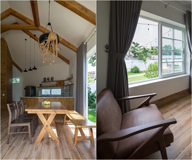 Thai-style roof with wooden beams and tire chandelier