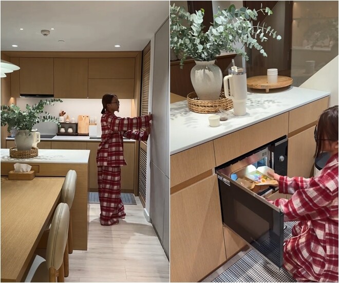 Các thiết bị gia dụng hiện đại như lò nướng âm tủ giúp tối ưu diện tích bếp, cho thấy sự đầu tư chỉn chu của Khánh Huyền cho chất lượng cuộc sống tiện nghi hàng ngày.