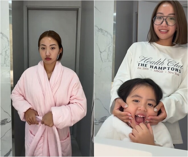 Khu vực phòng tắm và trang điểm với ánh sáng trắng hiện đại, nơi Khánh Huyền chăm sóc bản thân và tận hưởng những giây phút bình yên, giản dị bên con gái.