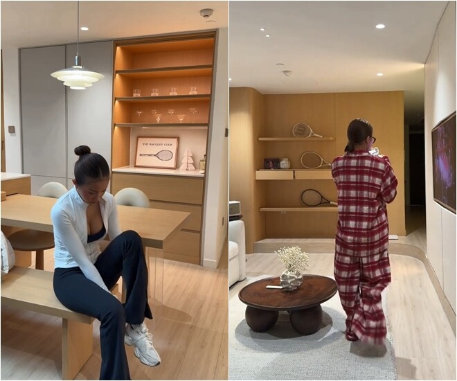 Khu vực bàn ăn và kệ trang trí được làm từ gỗ cao cấp với thiết kế âm tường gọn gàng, thể hiện lối sống ngăn nắp và gu thẩm mỹ đẳng cấp của người đẹp sinh năm 2004.