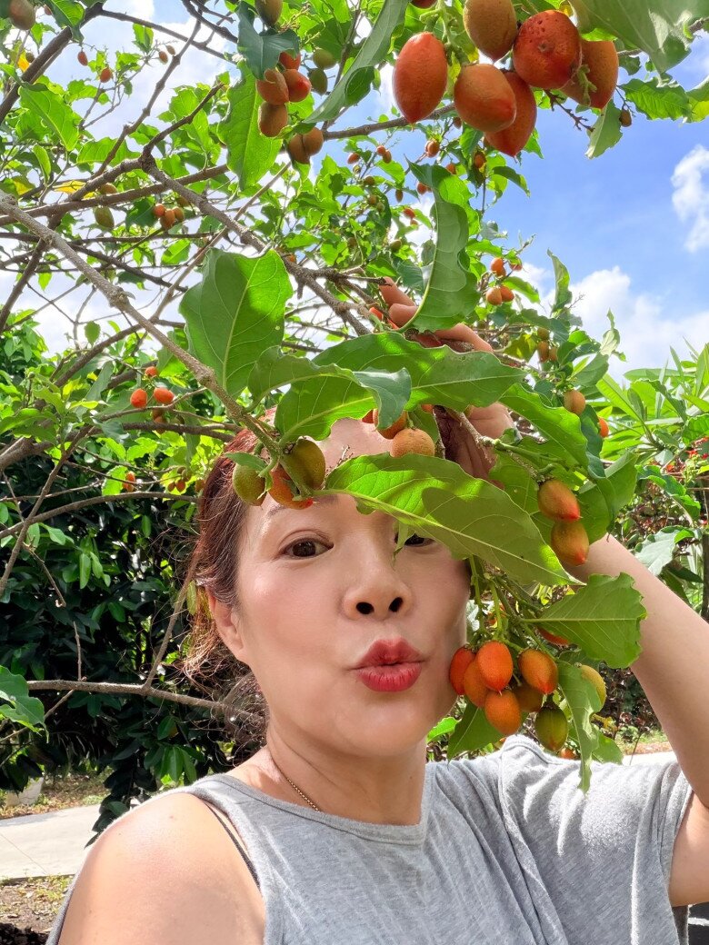 Người đẹp tạo dáng tinh nghịch đón nắng sớm bên chùm quả độc đáo, phô diễn nét trẻ trung và tình yêu bất tận dành cho thành quả nông sản tự tay chăm bón.