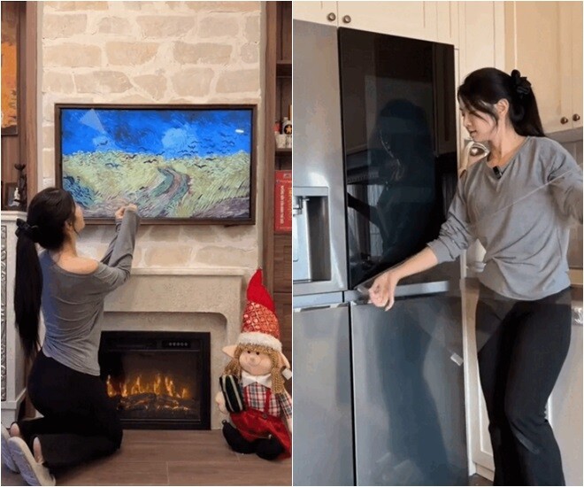 Khi mới về ở, nữ diễn viên đã đầu tư ngay nhiều thiết bị hiện đại như tủ lạnh cỡ xịn sò, lò nướng âm tủ tiện lợi, phục vụ sở thích nấu nướng của cô nàng. Phòng khách có lò sưởi điện tử, phía trên là bức tranh nghệ thuật khổ lớn, tạo điểm nhấn ấm cúng cho toàn bộ gian nhà.