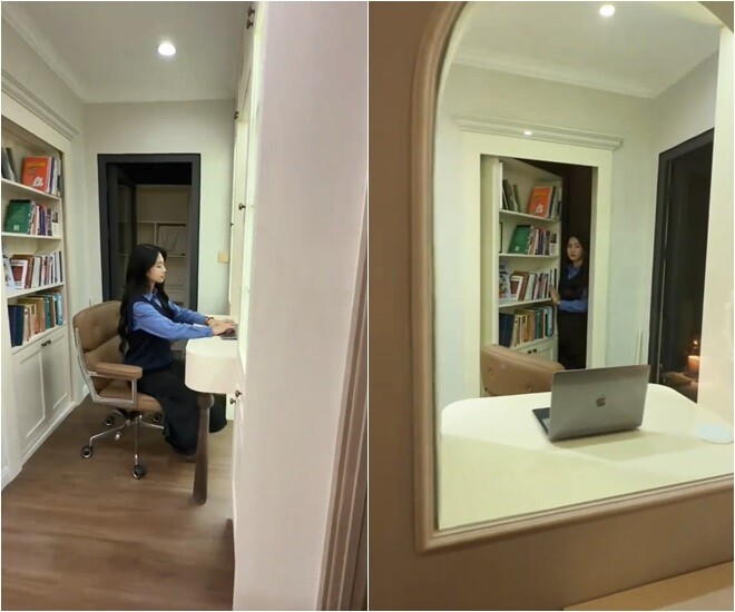 Góc làm việc nhỏ gọn nhưng cực kỳ thông minh với hệ tủ sách kịch trần tối ưu diện tích. Đặc biệt, lối đi bí mật phía sau kệ sách dẫn vào một không gian riêng tư khác, thể hiện sự tinh tế trong cách bài trí nội thất của chủ nhân.