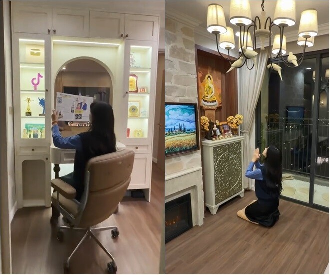 Kệ trưng bày là nơi lưu giữ những giải thưởng danh giá và kỷ niệm chương trong suốt quá trình hoạt động nghệ thuật của Lê Bống. Góc tâm linh được cô bài trí trang nghiêm, mang lại sự bình yên trong tâm hồn giữa nhịp sống hối hả.