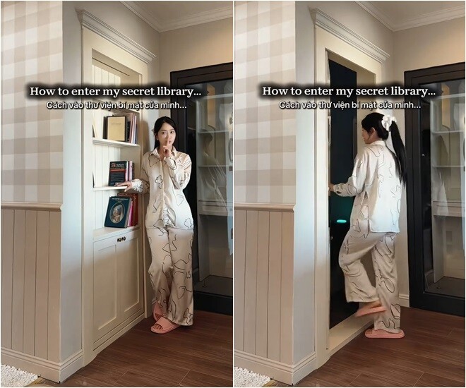 Thư viện bí mật là điểm nhấn kiến trúc độc đáo khiến bất cứ ai ghé thăm cũng phải trầm trồ vì sự sáng tạo. Chỉ bằng một động tác đẩy nhẹ kệ sách, một thế giới tri thức riêng tư mở ra giúp nữ diễn viên hoàn toàn tách biệt với thế giới bên ngoài.