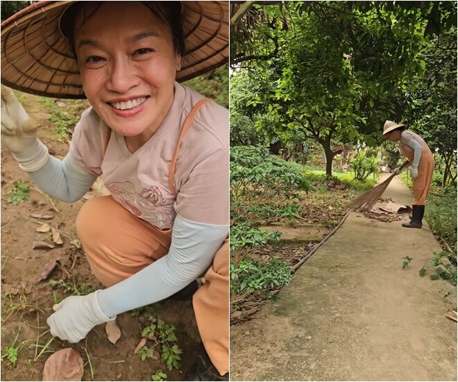 Dù trời nắng cô vẫn ra ngoài nhổ cỏ đến đẫm mồ hôi và gọi đó là liệu pháp xông hơi. Nữ nghệ sĩ chia sẻ: Lúc nào thấy mệt mệt hay là tinh thần kém kém thì việc xông hơi này rất là thích luôn.