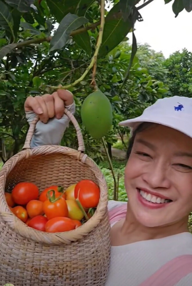 Bà xã đạo diễn Bùi Thạc Chuyên còn ăn cà chua sống ngay tại vườn: Mình nghĩ năng suất thế này cũng chưa được tốt đâu nhưng mà ngon lắm, ngọt thật, đảm bảo để ăn sống.