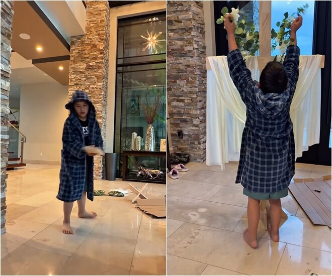 Thiên Từ hào hứng hoàn thiện các công đoạn cuối cùng, tự tay trang trí những nhành hoa trắng lên biểu tượng thánh giá vừa thực hiện xong. Những chi tiết trang trí thủ công này mang lại nét ấm cúng, gần gũi cho không gian sống vốn dĩ rất bề thế và hiện đại.