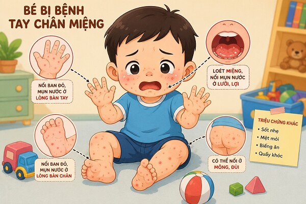 Biểu hiện thường gặp ở trẻ bệnh tay chân miệng.