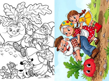 Tranh tô màu “Nhổ củ cải”, cách dạy trẻ tinh thần đoàn kết và hợp tác