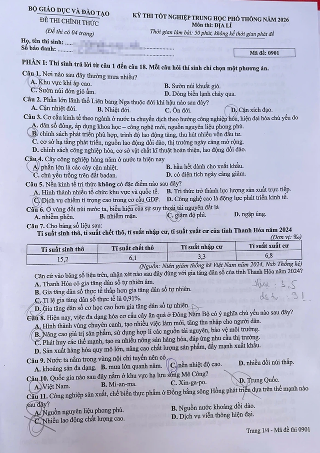 Đề thi, đáp án môn Địa lý tốt nghiệp THPT 2026 tất cả 48 mã đề - 1