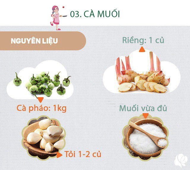 Chuẩn bị: - 1kg cà pháo - 1/2 củ riềng; Tỏi 2 củ tỏi to -  Ớt quả: tùy độ cay, mình cho khoảng 10 quả -  Tương ớt: 1 bát con ăn cơm -  Đường cát: 1/2 bát con ăn cơm - Giấm ăn: 3 thìa canh (thìa ăn phở, tùy độ chua gia giảm) - Muối tinh - Nước vo gạo (để ngâm cà, khi vo gạo nấu cơm để lại phần nước vo gạo).