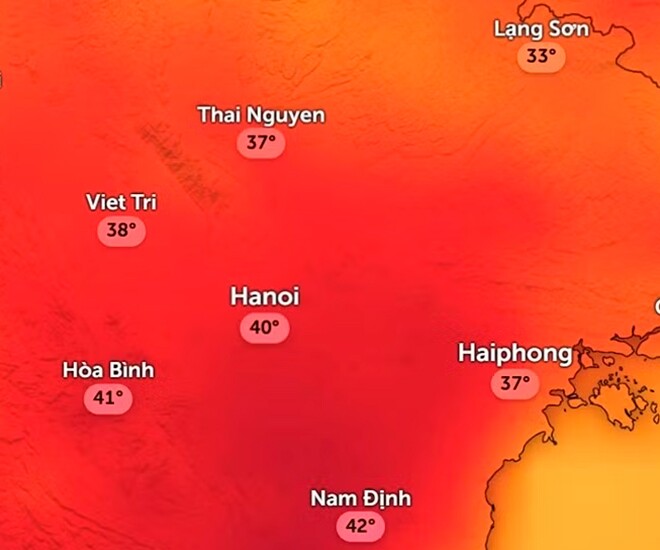 Dự báo nhiệt độ cảm nhận ở một số khu vực tại miền Bắc trưa và chiều mai, 5/4. Ảnh: Zoom Earth, OpenStreetMap, ICON.