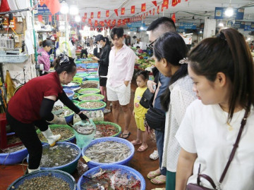 Chợ ở Hạ Long đông nghẹt từ sáng sớm, du khách chen kín mua hải sản về làm quà