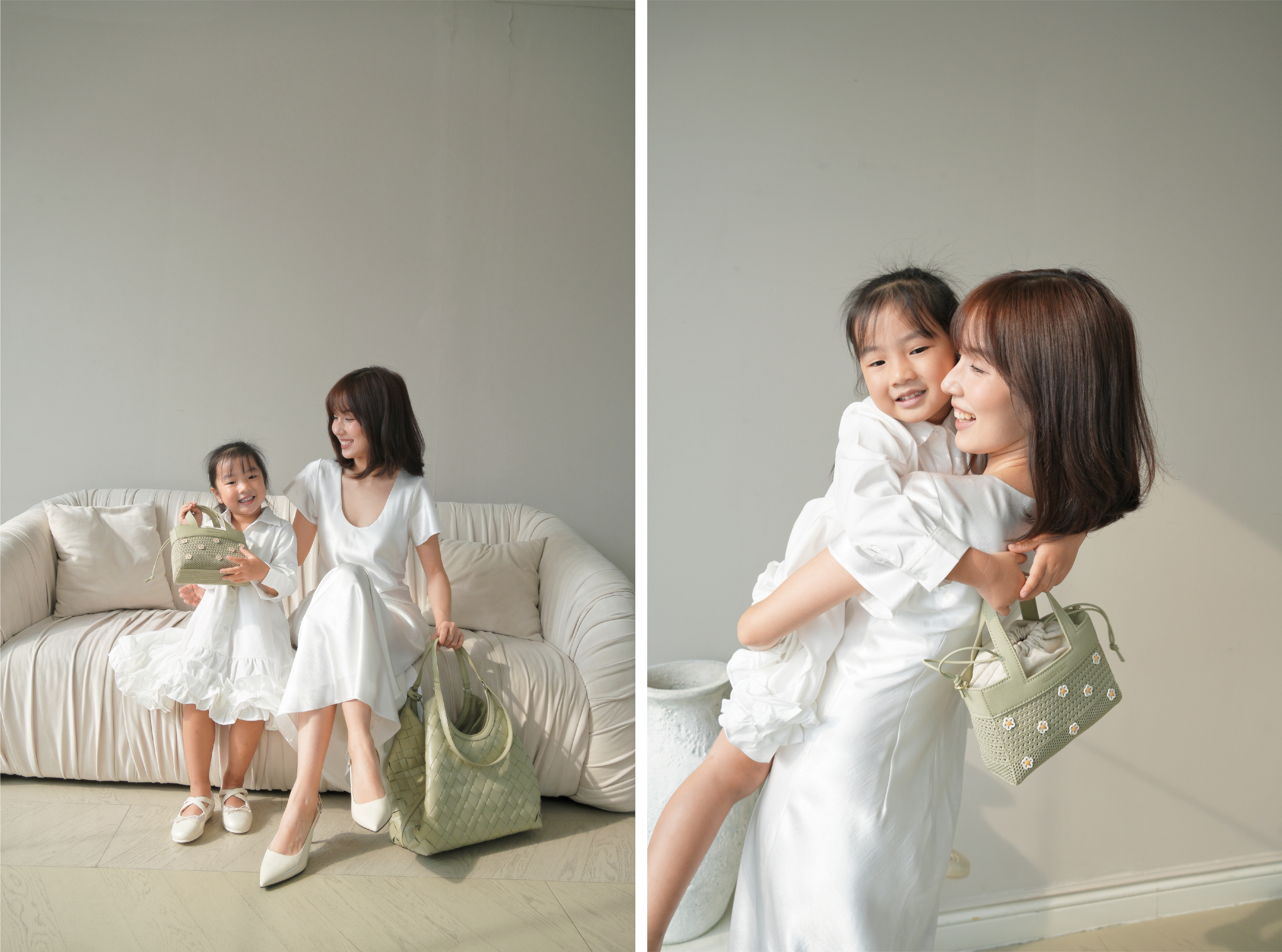 Với gam màu Olive tươi mát cùng họa tiết đan phối dệt kim độc đáo, tôn lên khoảnh khắc rạng rỡ của mẹ và bé.