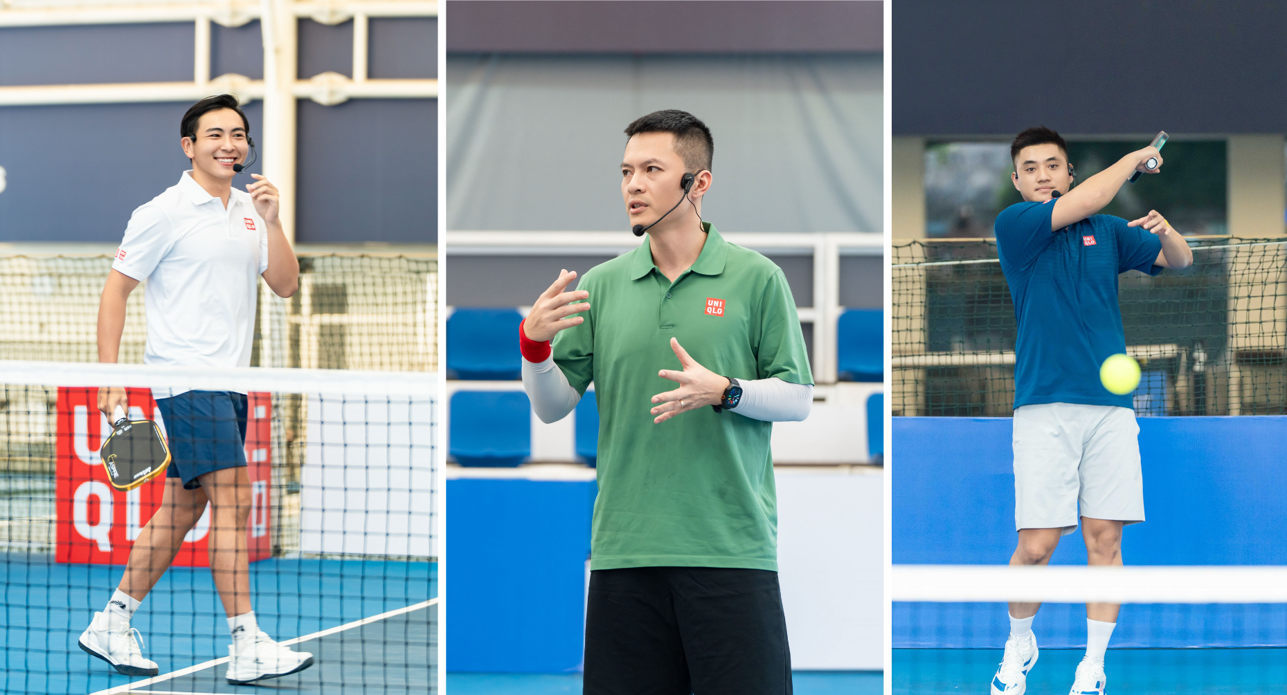 Từ trái sang: Phúc Huỳnh, tay vợt top 1 đơn nam châu Á; Anh Chú Pickleball Thắng Nguyễn - một trong những tay vợt tiên phong của Pickleball Việt Nam; và Hồ Vũ Hoàn, tay vợt được mệnh danh là “Ông hoàng highlight”, trong trang phục thể thao đa năng từ UNIQLO. Ảnh: UNIQLO.