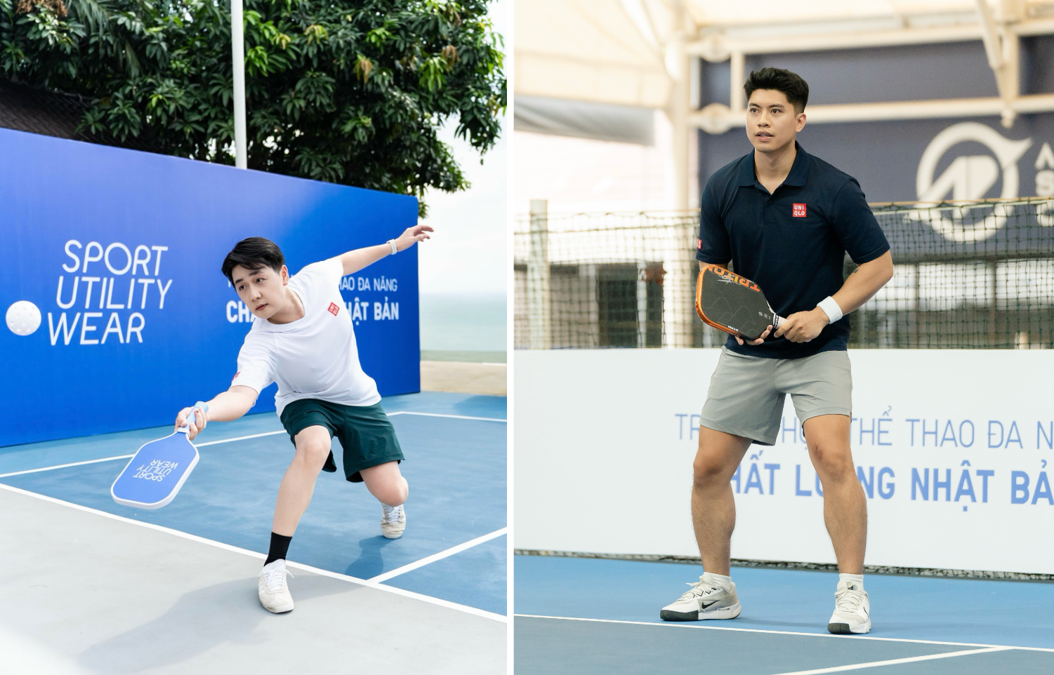 Combo áo thun và áo polo DRY-EX cùng quần thể thao siêu co giãn được hội pickleballer như Ba Duy và Tim Tiến lựa chọn để bung sức hết mình trên sân