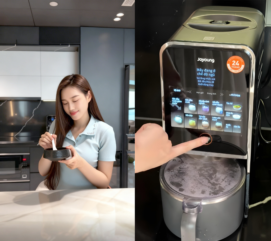Hoa hậu Đỗ Thị Hà tận hưởng thành quả từ máy nấu sữa hạt cao cấp nhà Joyoung. Ảnh trích từ video clip nhân vật
