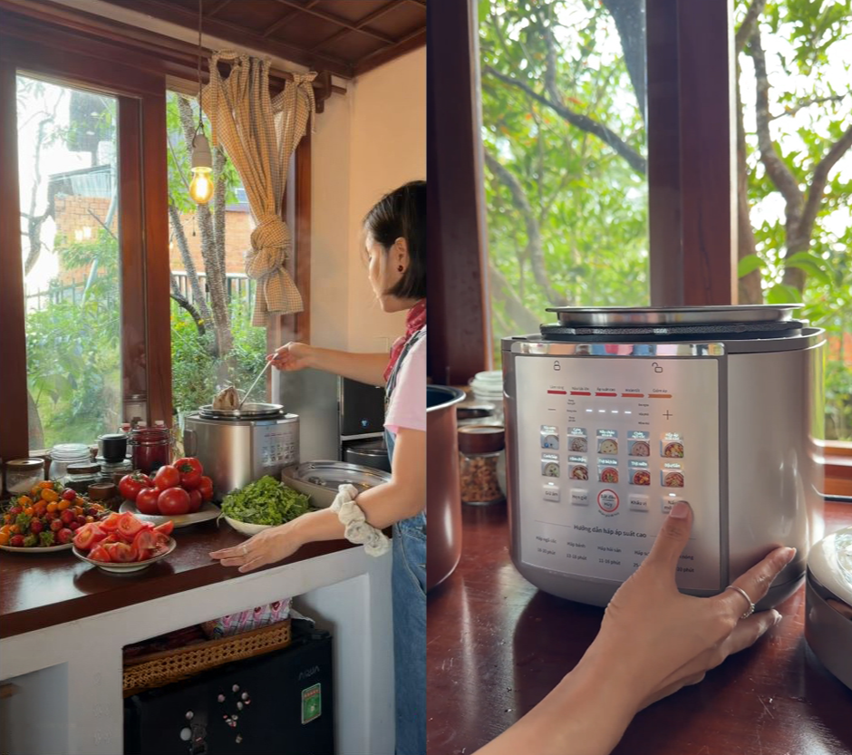 Bên cạnh công nghệ giảm áp, khả năng nấu mở nắp của JPRC-5150 được Thu Nhi Eat Clean đánh giá cao. Ảnh trích từ video clip nhân vật