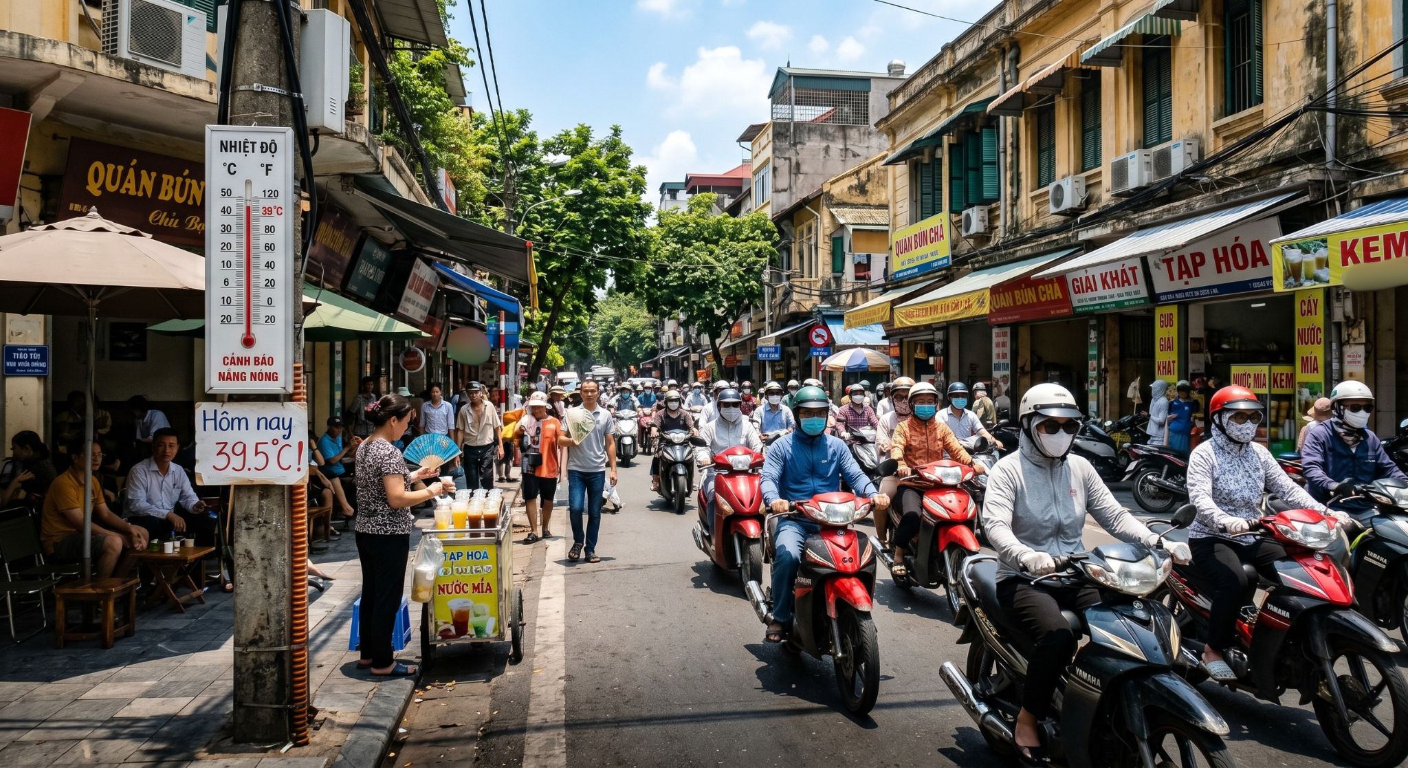 Người dân ra đường phải trùm kín bằng áo chống nắng, áo khoác hay bao tay khi tham gia giao thông để đối phó với nắng nóng buổi trưa