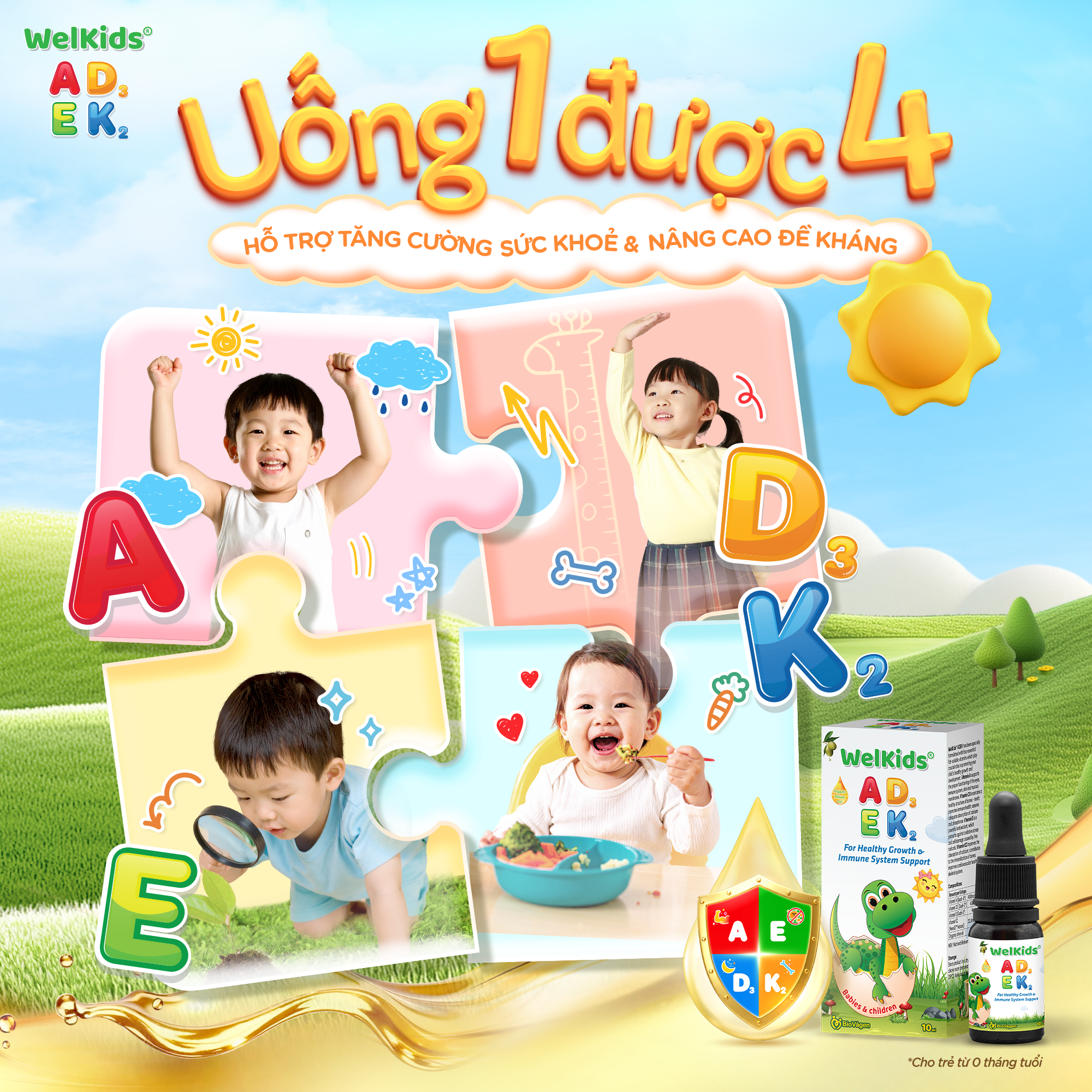 Không chỉ D3K2, WelKids ADEK cung cấp bộ tứ vitamin ADEK với hàm lượng chuẩn khuyến cáo theo Viện Dinh dưỡng Quốc gia.