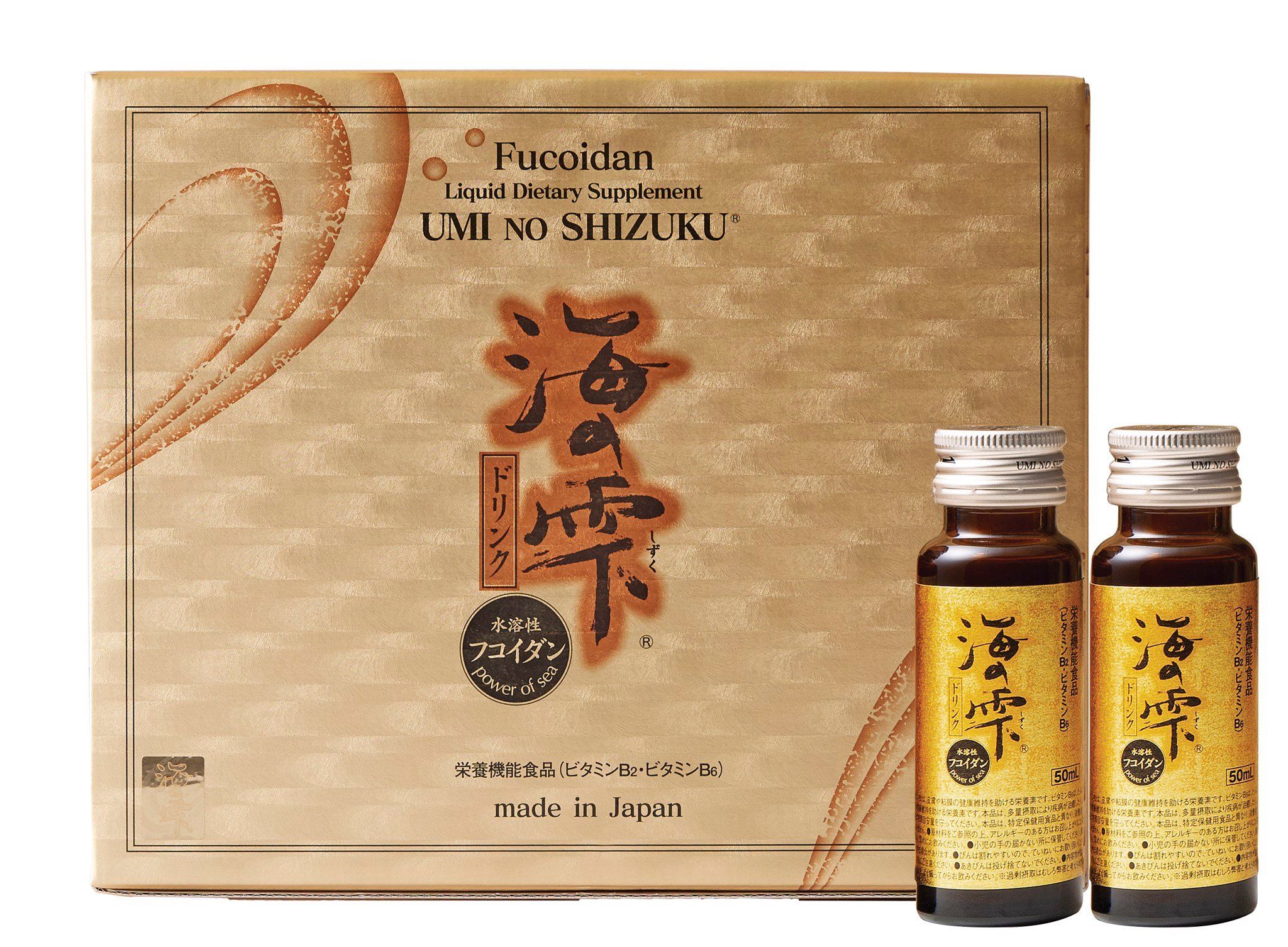 Thực phẩm bảo vệ sức khỏe Fucoidan Umi No Shizuku dạng nước, với sự kết hợp từ fucoidan chiết xuất tảo nâu Mozuku, tảo nâu Mekabu và bột tinh chế từ nấm Agaricus. Ảnh: Công ty Umi No Shizuku