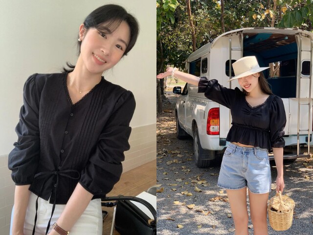 Áo blouse tối màu giúp vóc dáng trông gọn gàng và thanh thoát hơn. Khi phối với quần hoặc chân váy sáng màu, sự tương phản giúp kéo dài đôi chân. Đây là cách đơn giản nhưng hiệu quả để nâng tầm outfit mà không cần nhiều chi tiết.