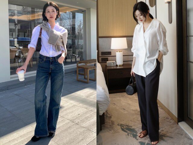 Áo sơ mi kết hợp cùng quần jeans ống rộng hoặc quần âu ống đứng mang lại vẻ ngoài gọn gàng, chỉn chu. Khi sơ vin nhẹ, tổng thể trông cao ráo hơn. Đây là công thức an toàn nhưng hiệu quả, phù hợp với môi trường công sở và các dịp cần sự lịch sự.