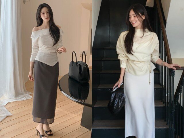 Áo blouse kết hợp với chân váy suông giúp outfit trở nên nữ tính hơn nhờ các chi tiết như tay bồng hoặc cổ điệu đà. Thiết kế này tạo điểm nhấn mà không cần phụ kiện. Đây là công thức phù hợp với phong cách nhẹ nhàng, thanh lịch.