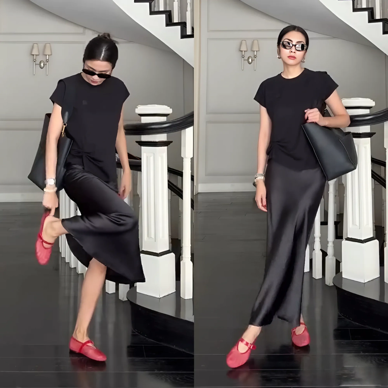 Không cần quá cầu kỳ, Tăng Thanh Hà vẫn khiến outfit trở nên cuốn hút nhờ cách phối đồ tinh giản nhưng đầy tinh tế. Cô chọn set đồ đen gồm áo thun và chân váy lụa dài, tạo nên tổng thể thanh lịch, hiện đại. Điểm nhấn nằm ở đôi giày búp bê lưới đỏ nổi bật, vừa phá cách vừa giữ được sự mềm mại đặc trưng. Thiết kế xuyên thấu giúp tổng thể trông nhẹ nhàng hơn, đồng thời tạo hiệu ứng đôi chân thanh thoát, đúng với phong cách tối giản nhưng luôn có điểm nhấn của ngọc nữ.