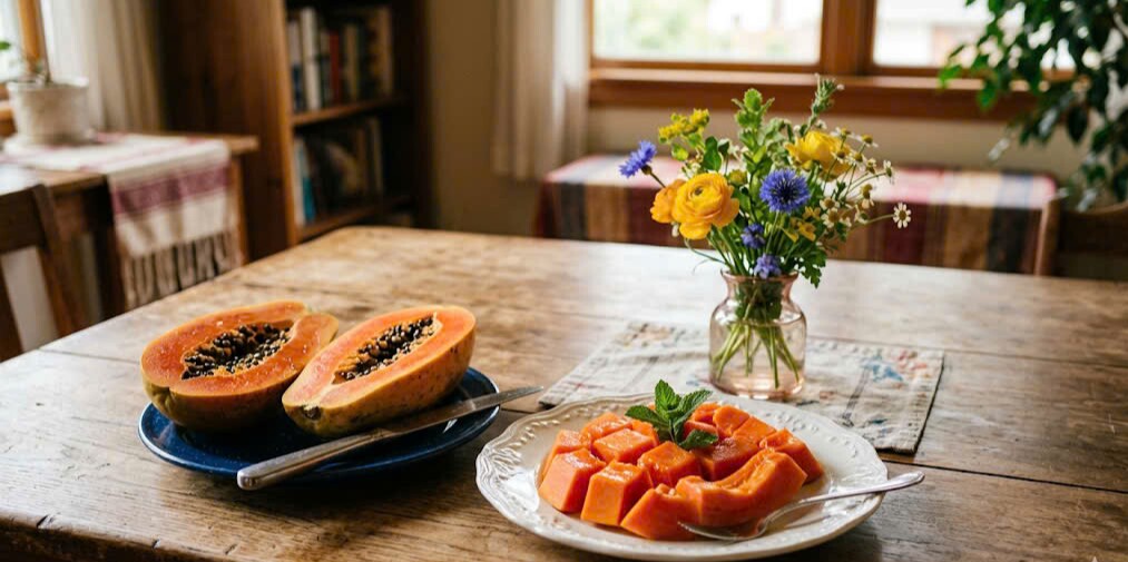 Ăn đu đủ góp phần vào sức khỏe tổng thể nhờ hàm lượng vitamin và chất chống oxy hóa.