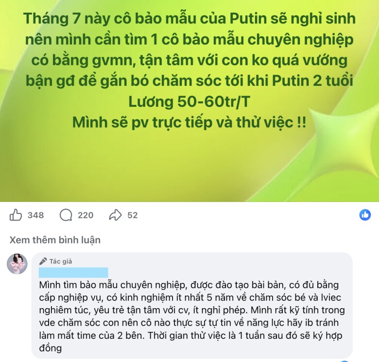 Chị em xôn xao chuyện mẹ Hà Nội đăng tin tuyển bảo mẫu cho con trai 2 tuổi, lương 50-60 triệu/tháng - 1