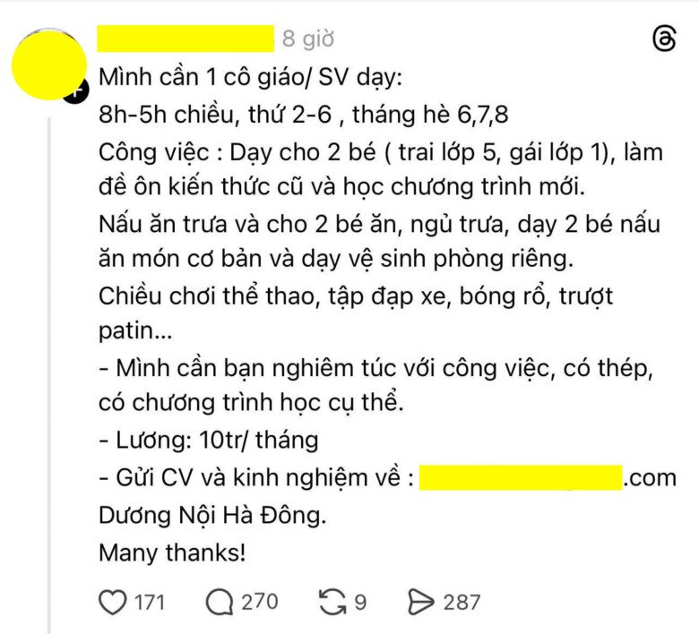 Bài đăng mẹ tuyển gia sư dạy hè cho con gây chú ý trên mạng xã hội.