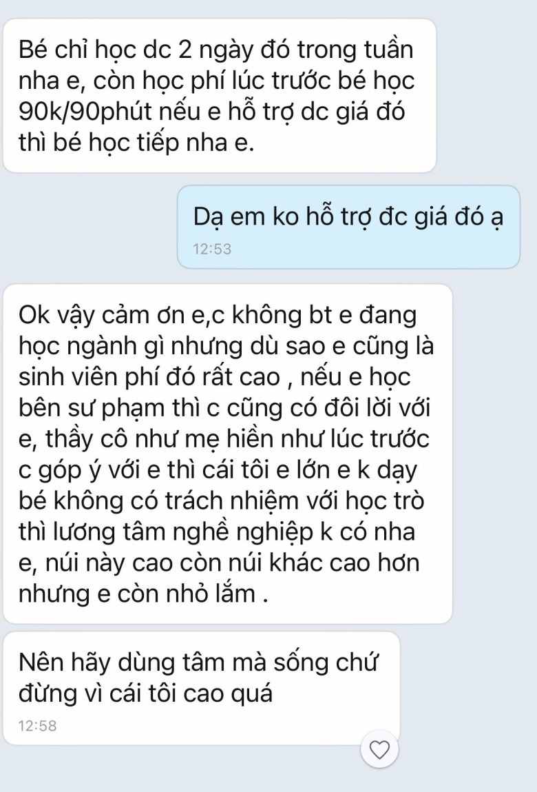 Đoạn tin nhắn phụ huynh đưa ra mức giá 90 nghìn thuê gia sư dạy con 1 tiếng 30 phút gây chú ý.