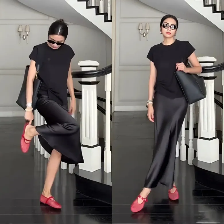 Với outfit này, ngọc nữ kết hợp áo thun đồng màu với chân váy, tạo điểm nhấn bằng đôi giày búp bê đỏ.