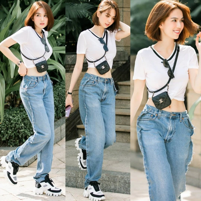 Một thời, những mẫu quần jeans, áo croptop... thường xuyên được Ngọc Trinh diện xuống phố.