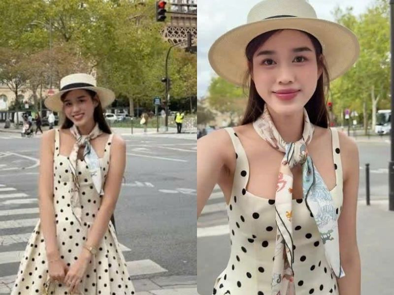 Váy chấm bi hai dây giúp Đỗ Thị Hà tôn lên nét ngọt ngào, thanh lịch.