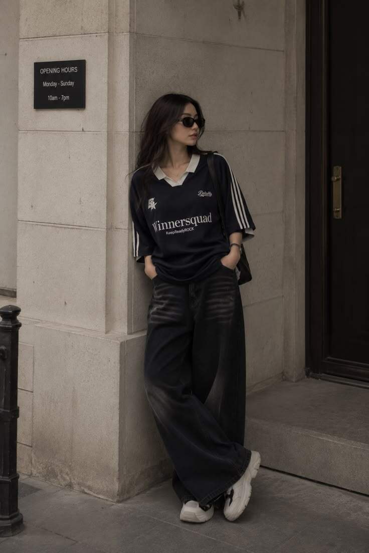 Sự kết hợp giữa áo thể thao và quần denim dáng rộng giúp người mặc dễ dàng ứng dụng trong đời sống thường ngày.