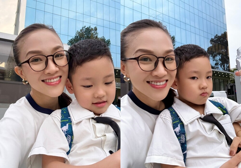 Bé Noah được mẹ chải chuốt đẹp trai để đi học.