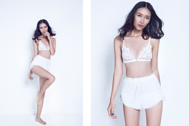 Người mẫu Trang Khiếu với những hình ảnh mềm mại, gợi cảm hiếm có với áo lót ren.

