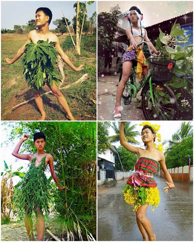 Trước đó, một nam sinh 15,  Madaew, đến từ vùng nông thôn của tỉnh Khon Kaen, Đông Bắc Thái Lan khiến cư dân mạng ngã ngửa bằng những trang phục được làm từ chất liệu rất độc đáo như lá cây, lồng chim, vỏ quả sầu riêng, bong bóng...
