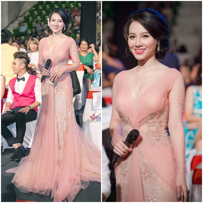 MC Minh Hà khiến khán giả ngẩn ngơ khi diện bộ đầm hồng nude lộng lẫy.
